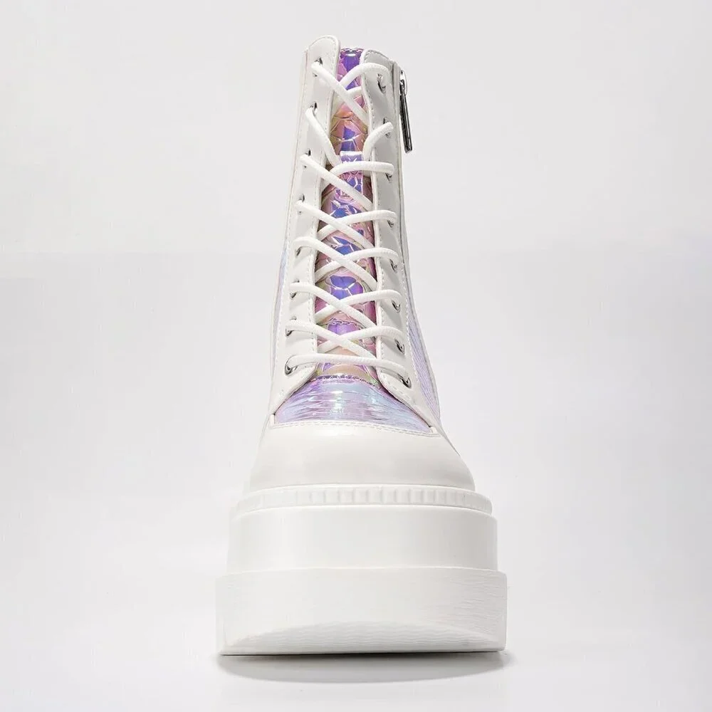 Women's White Chunky Block Heels Pointed Toe Leather Buckle Strap Retro Boots